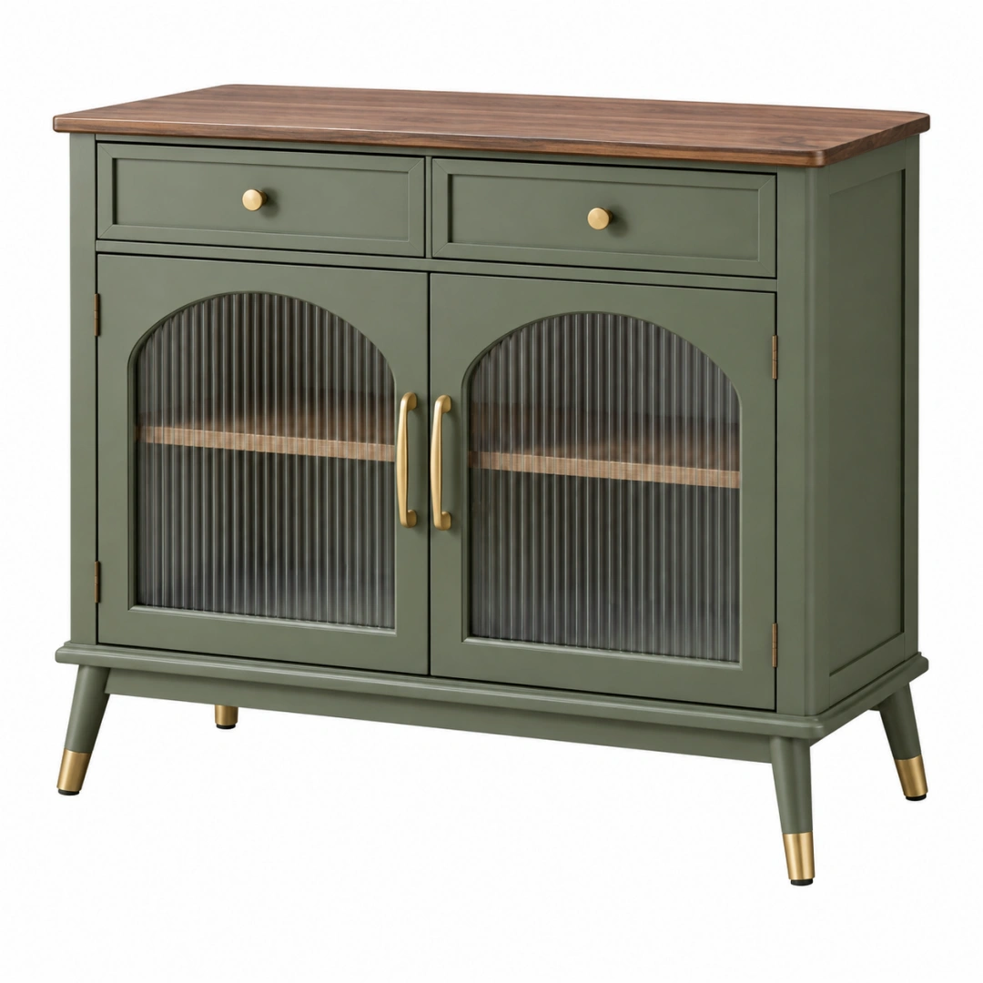 Aparador 120 x 40 x 90 cm de madera verde con puertas de vidrio acanalado estilo retro