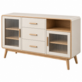 Aparador 160 x 40 x 85 cm de madera blanco y madera natural con puertas de vidrio estriado estilo nórdico