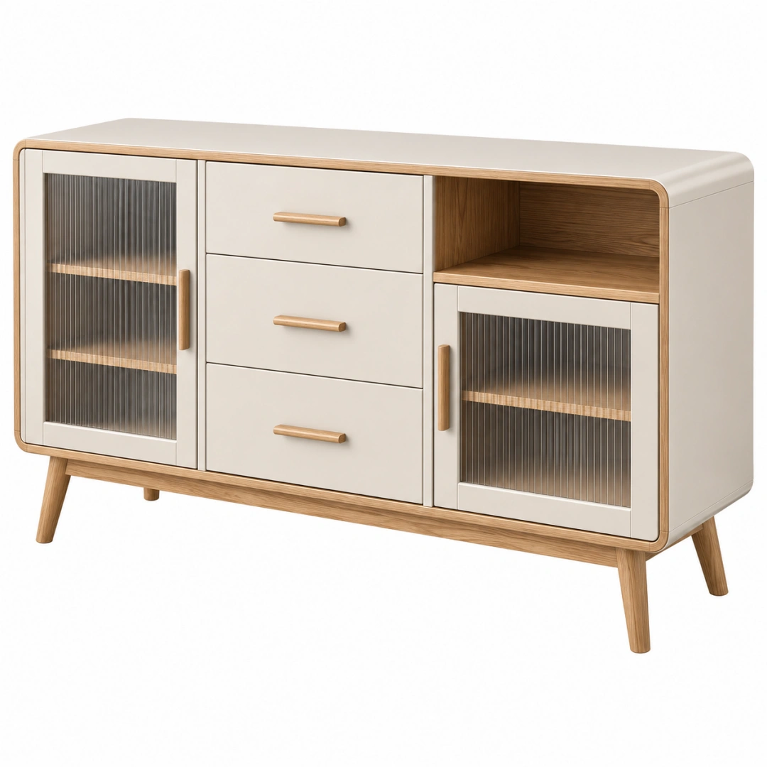 Aparador 160 x 40 x 85 cm de madera blanco y madera natural con puertas de vidrio estriado estilo nórdico