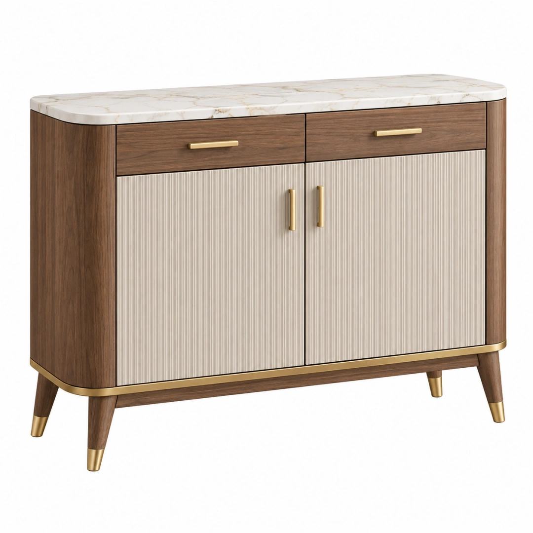 Aparador 120 x 45 x 85 cm de madera marrón y beige con encimera efecto mármol - almacenamiento moderno