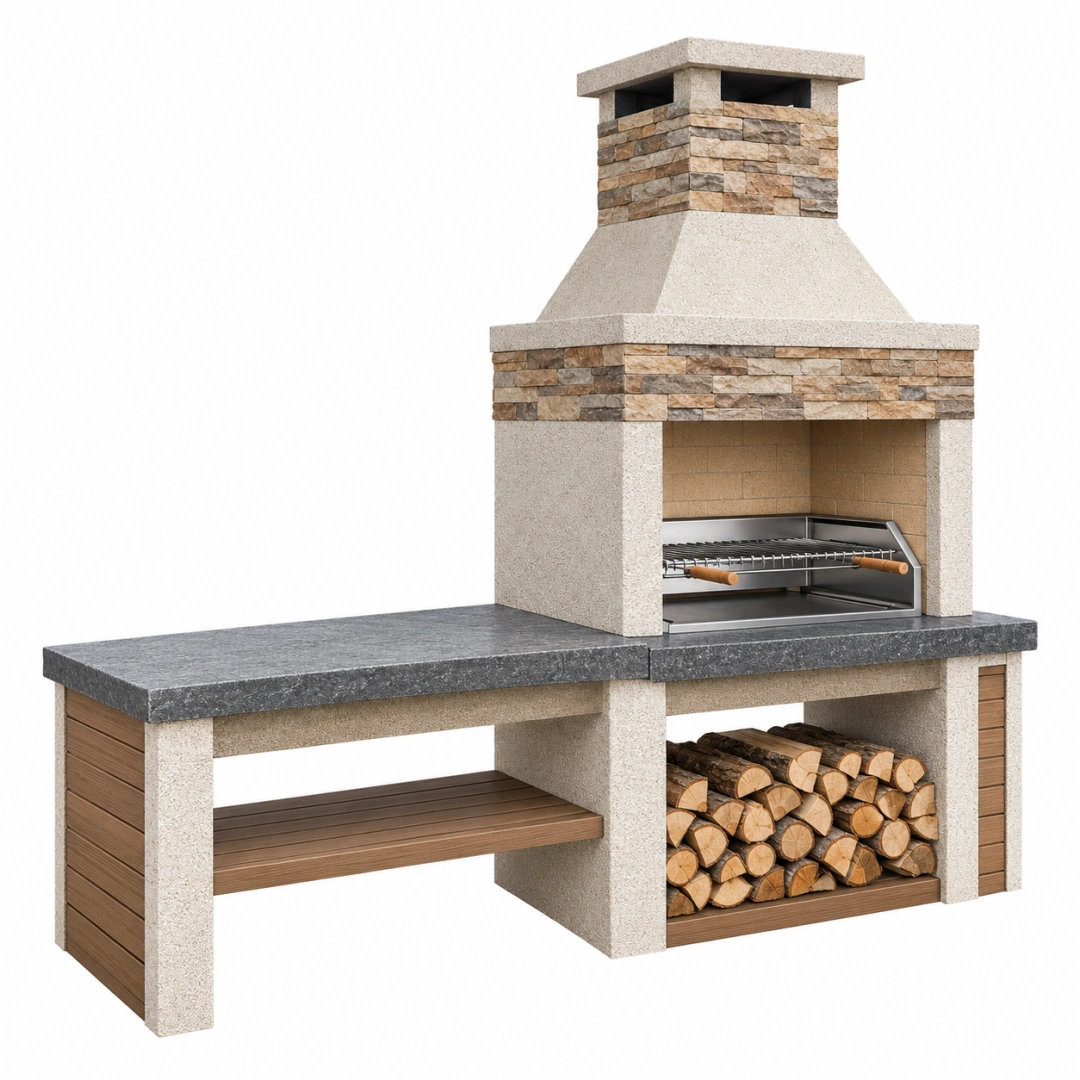 Barbacoa de obra 180 x 70 x 240 cm de piedra beige y gris con parrilla para jardín