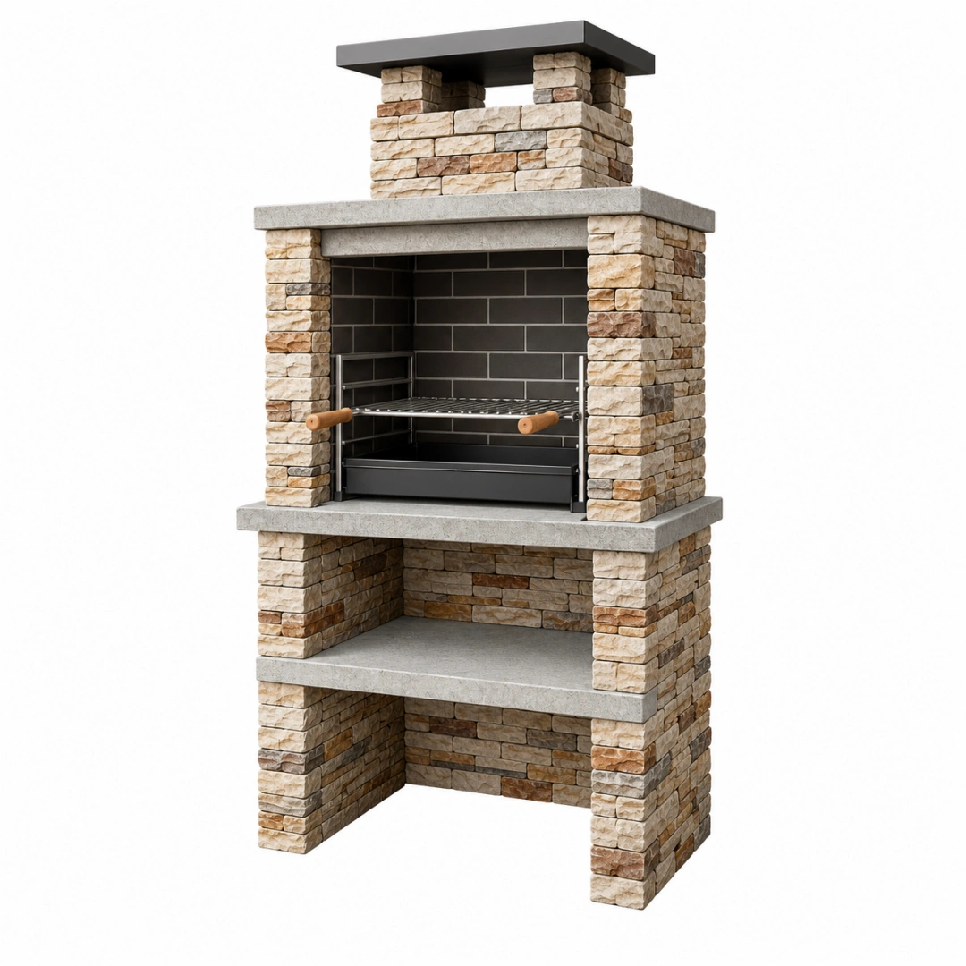 Barbacoa de obra 100 x 60 x 220 cm de piedra beige con parrilla de acero estilo rústico