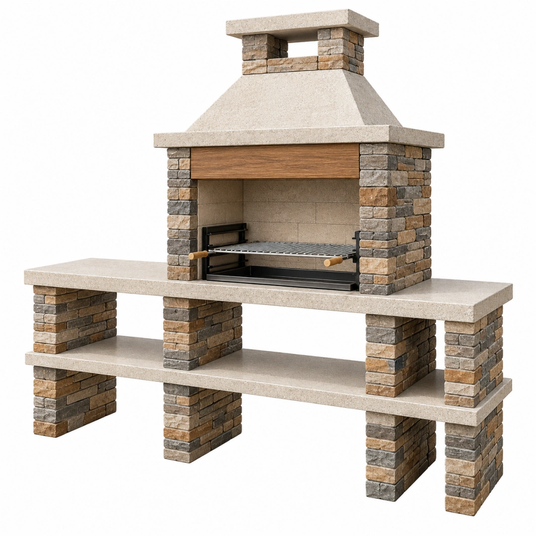 Barbacoa de obra 200 x 70 x 230 cm de piedra beige y acero para exterior estilo rústico
