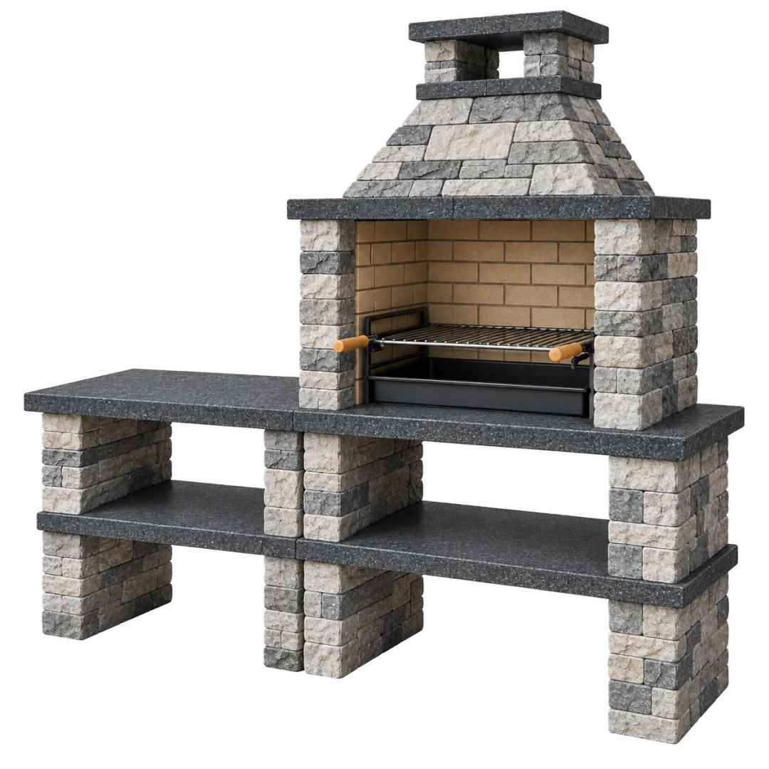 Barbacoa de obra 200 x 70 x 220 cm de piedra gris con parrilla metálica y encimera