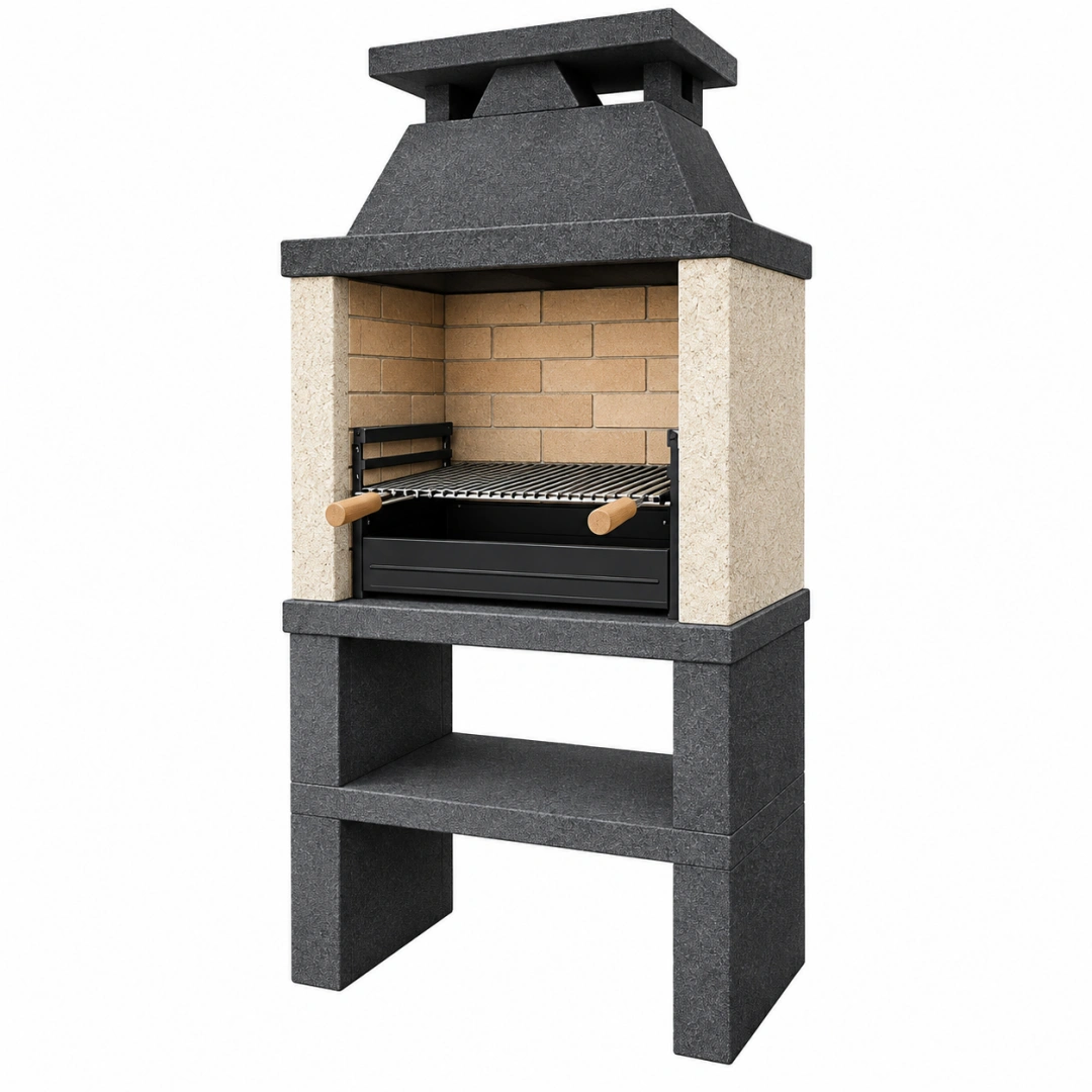 Barbacoa de obra 110 x 70 x 210 cm de piedra y ladrillo refractario negro beige para exterior