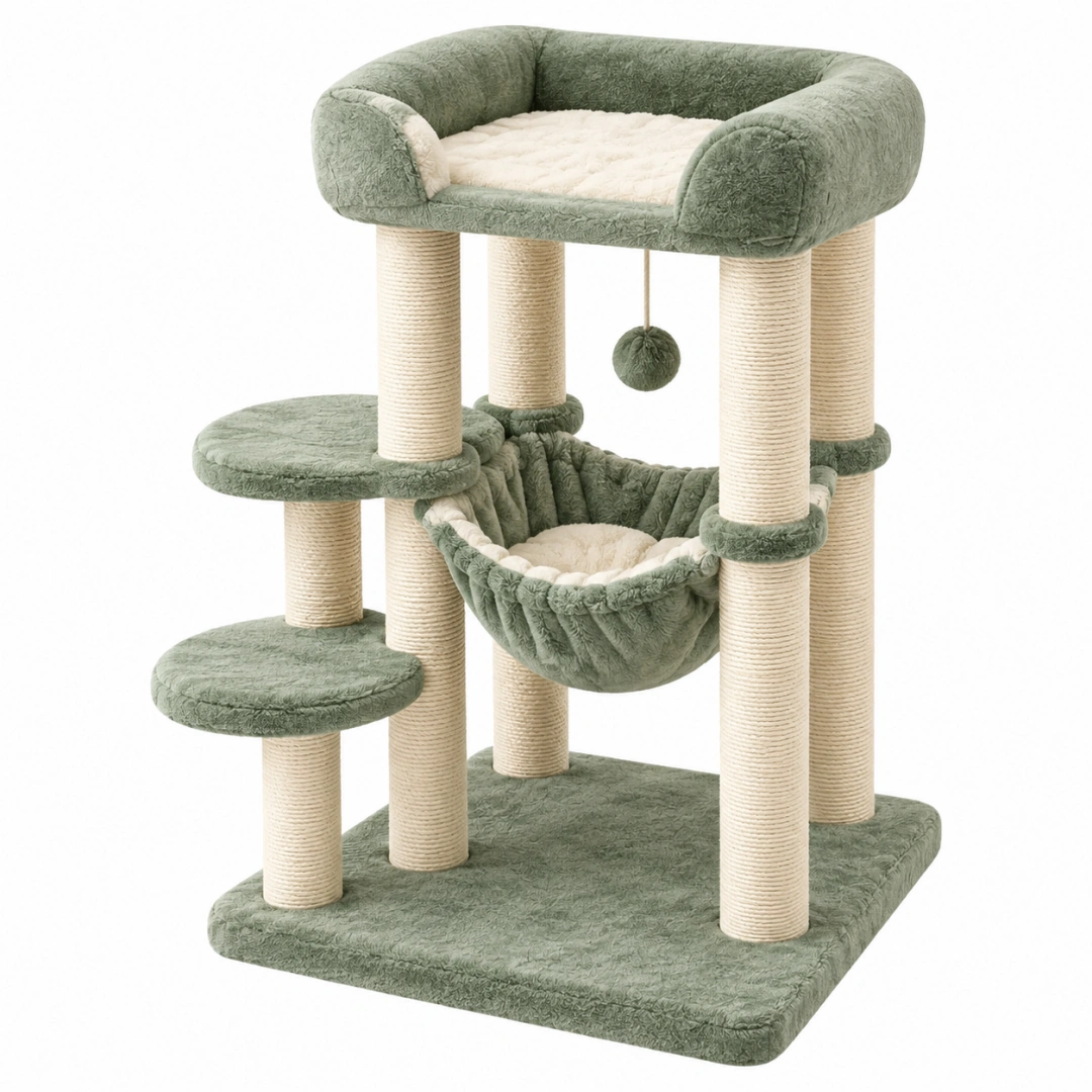 Árbol rascador para gatos 60 x 60 x 135 cm de sisal y felpa verde y crema con plataformas y hamaca