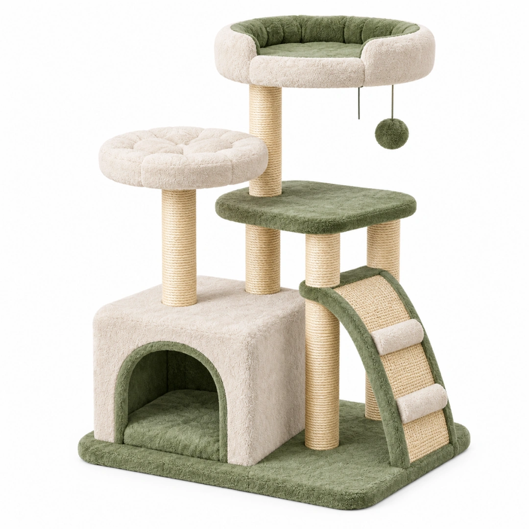 Árbol rascador para gatos 60 x 50 x 120 cm de sisal y felpa verde y crema con plataformas