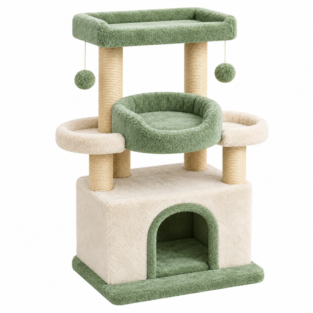Árbol rascador para gatos 60 x 50 x 120 cm de felpa verde y beige con postes de sisal y refugio multinivel