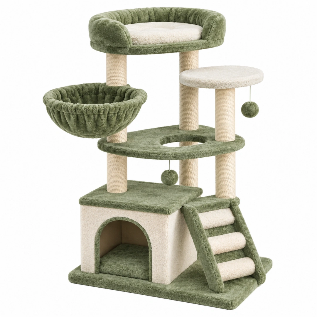 Árbol rascador para gatos 60 x 50 x 130 cm de felpa y sisal verde y crema con refugio plataformas y escalera