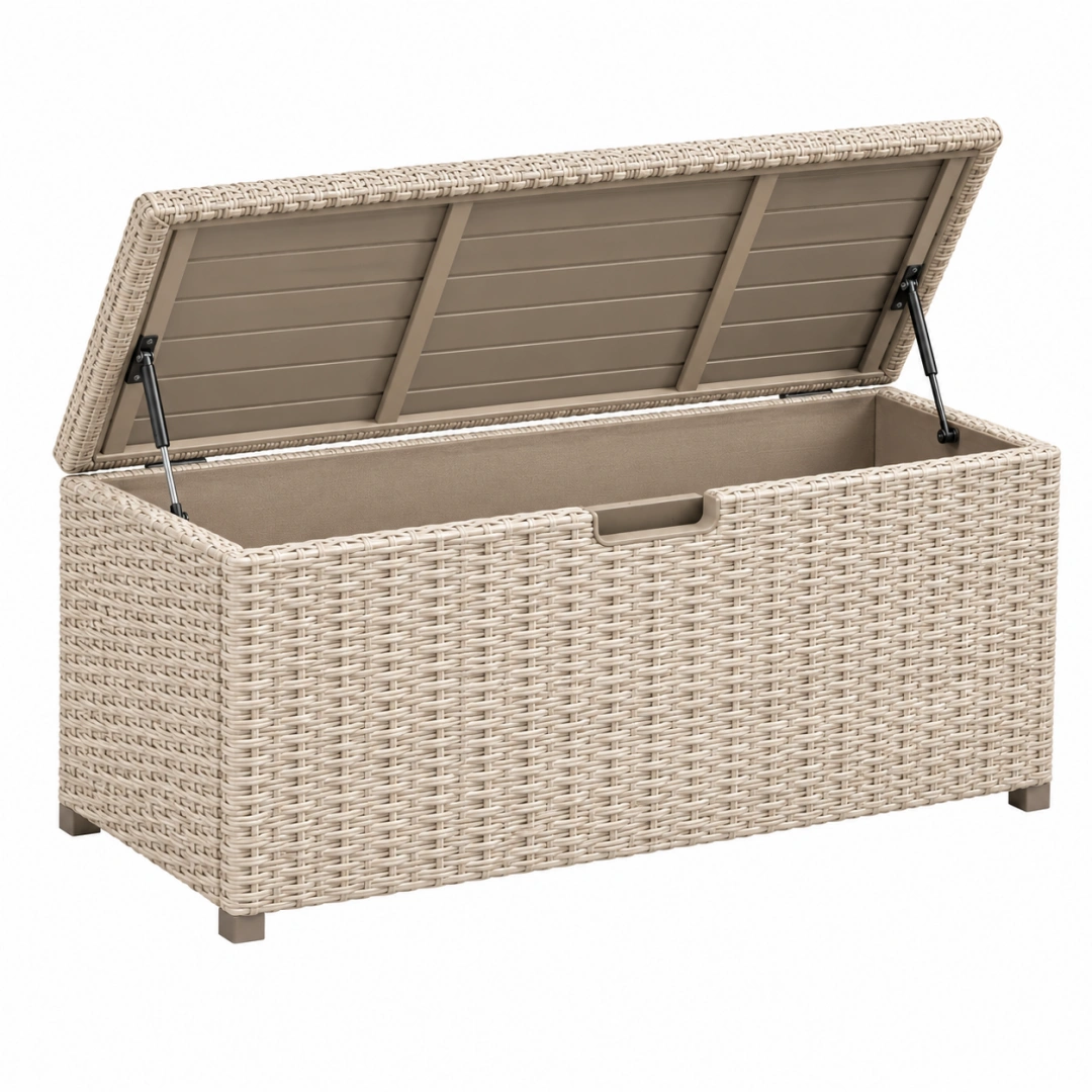 Arcón de exterior 130 x 60 x 65 cm de ratán sintético beige con tapa elevable