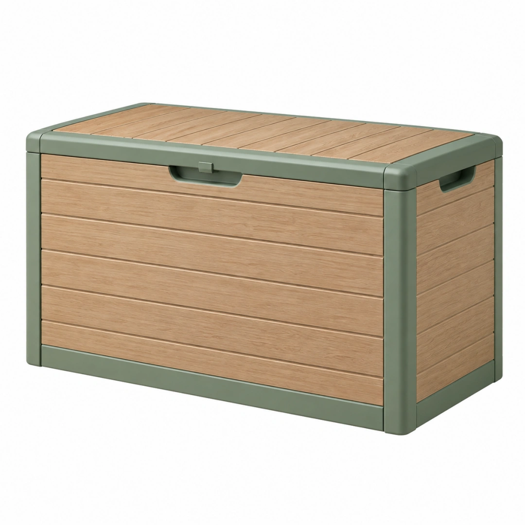 Arcón de almacenaje 120 x 60 x 65 cm de plástico verde y efecto madera para exterior