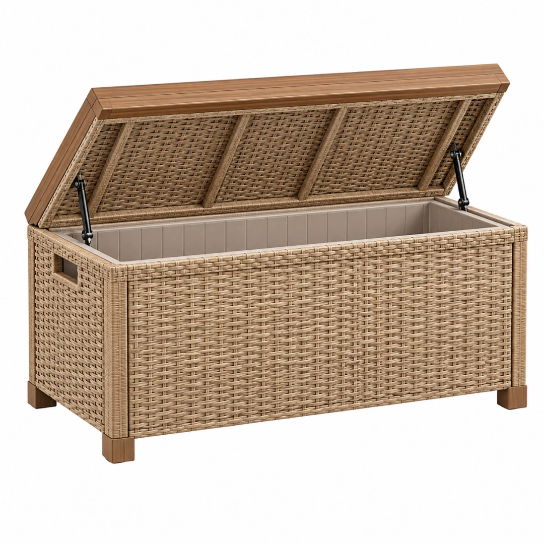 Arcón de almacenamiento 120 x 55 x 65 cm de ratán sintético beige con tapa elevable para exterior