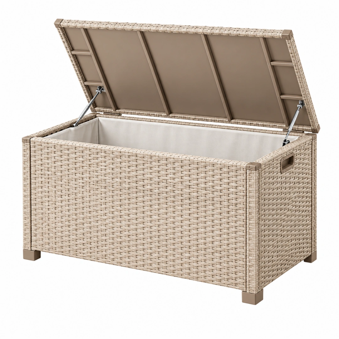 Arcón de almacenaje 120 x 60 x 65 cm de ratán sintético beige para exterior con tapa abatible