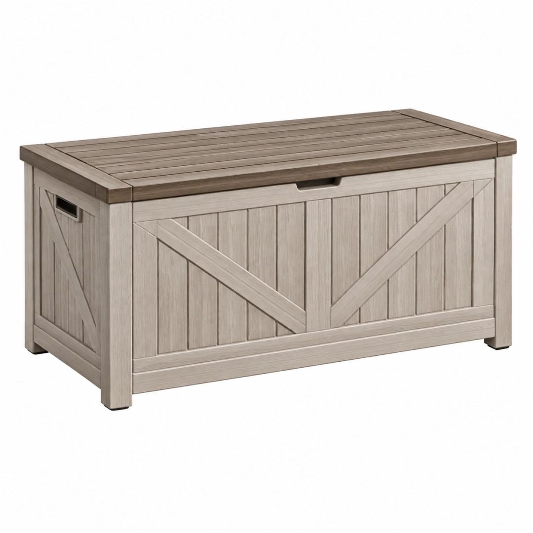 Arcón de almacenamiento 120 x 60 x 63 cm de resina beige topo para exterior con tapa