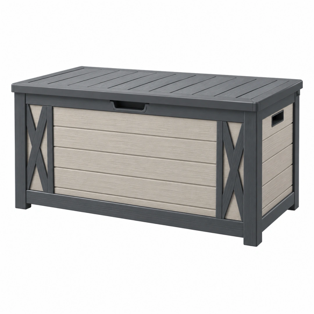 Arcón de almacenaje 120 x 60 x 63 cm de resina gris antracita y beige para exterior con tapa estilo rústico