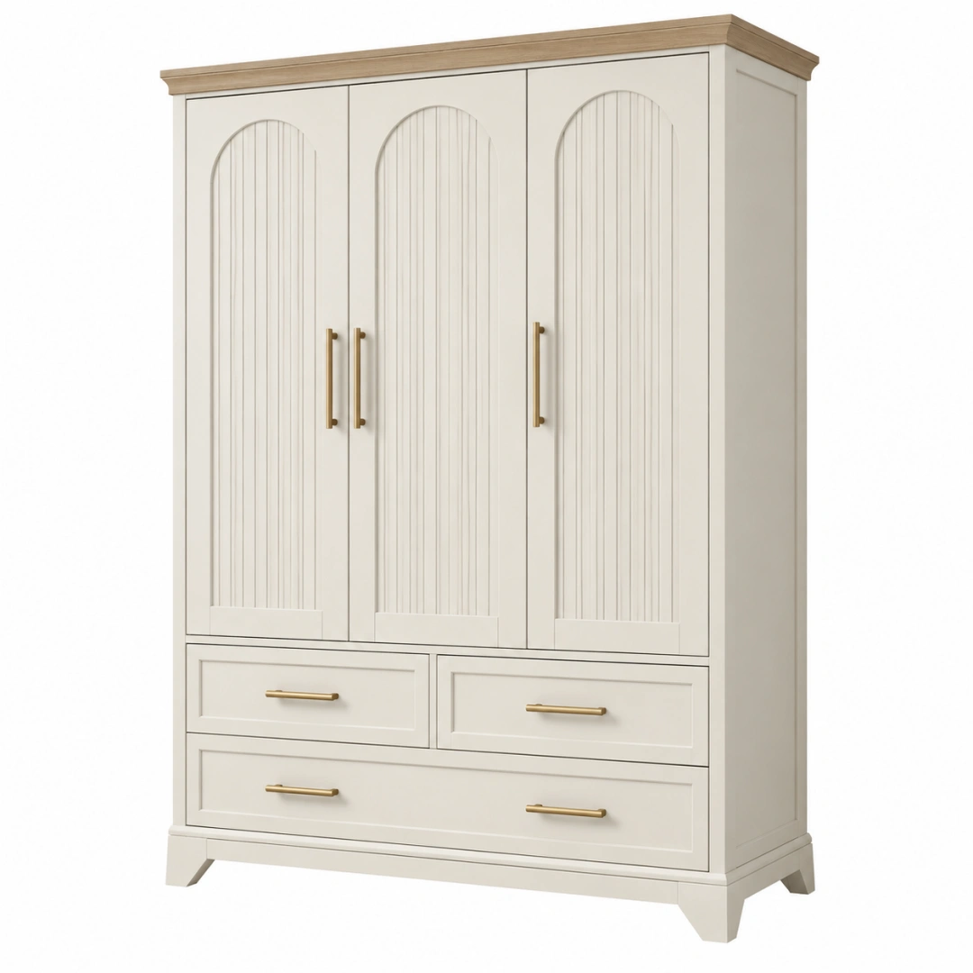 Armario de dormitorio 150 x 55 x 200 cm de madera blanco y roble claro con 3 puertas y 3 cajones estilo clásico