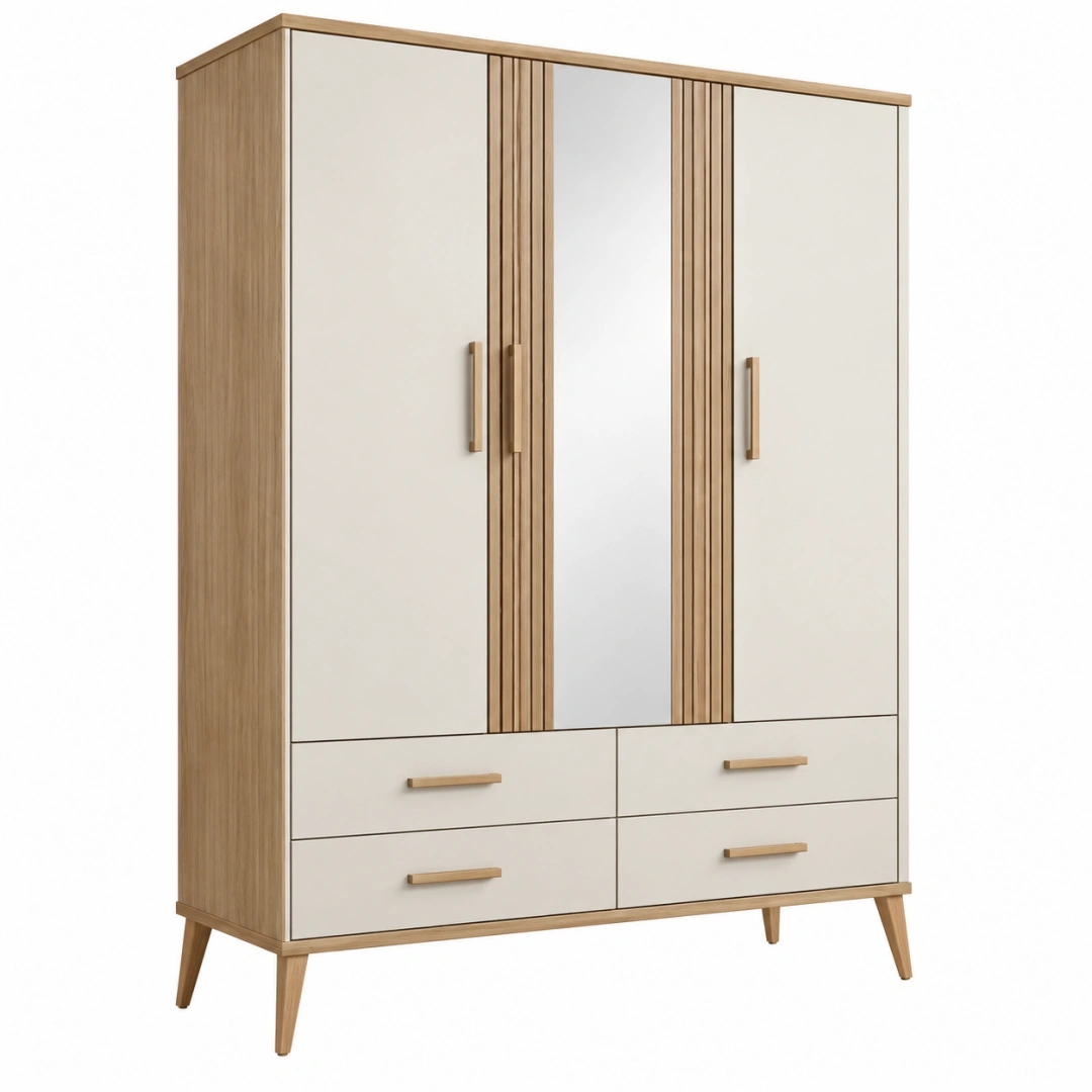 Armario ropero 120 x 52 x 190 cm de madera blanco y roble con espejo y cajones