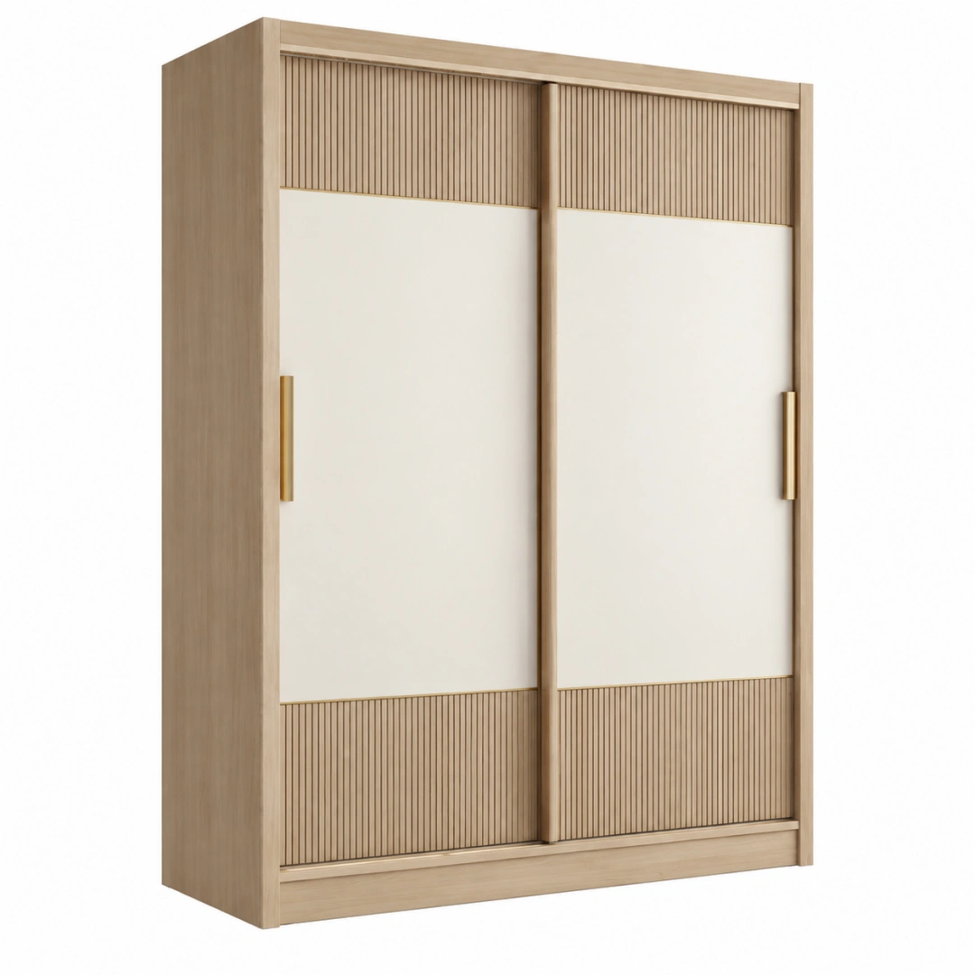 Armario de 120 x 60 x 200 cm en madera beige y blanco con puertas correderas acanaladas