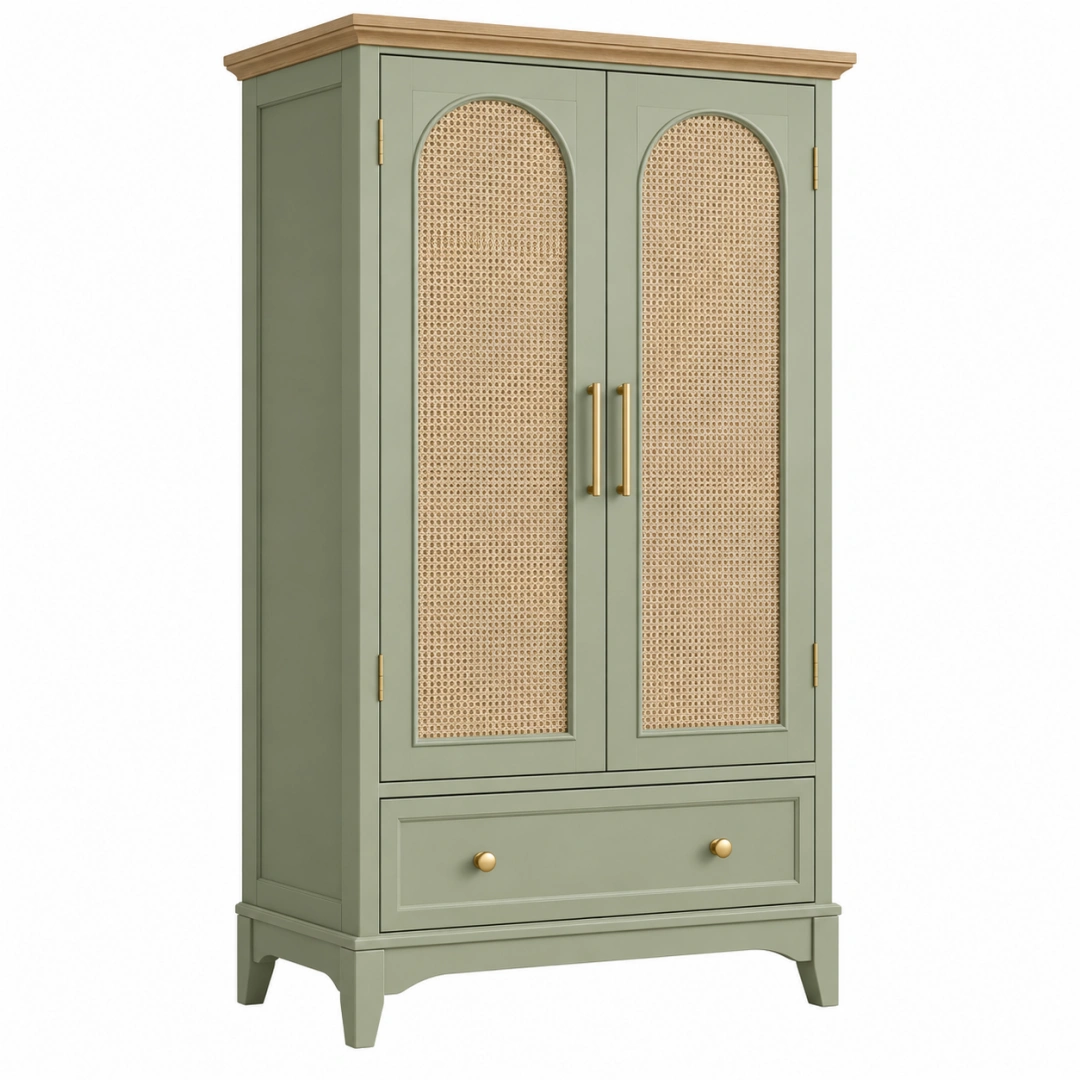 Armario 90 x 50 x 180 cm de madera verde con puertas de ratán y cajón - almacenaje de estilo natural