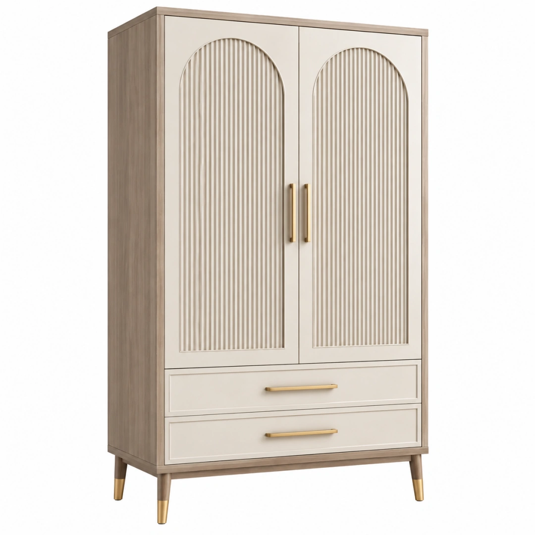 Armario 80 x 45 x 180 cm de tablero de madera beige y marrón claro con 2 puertas 2 cajones estilo moderno