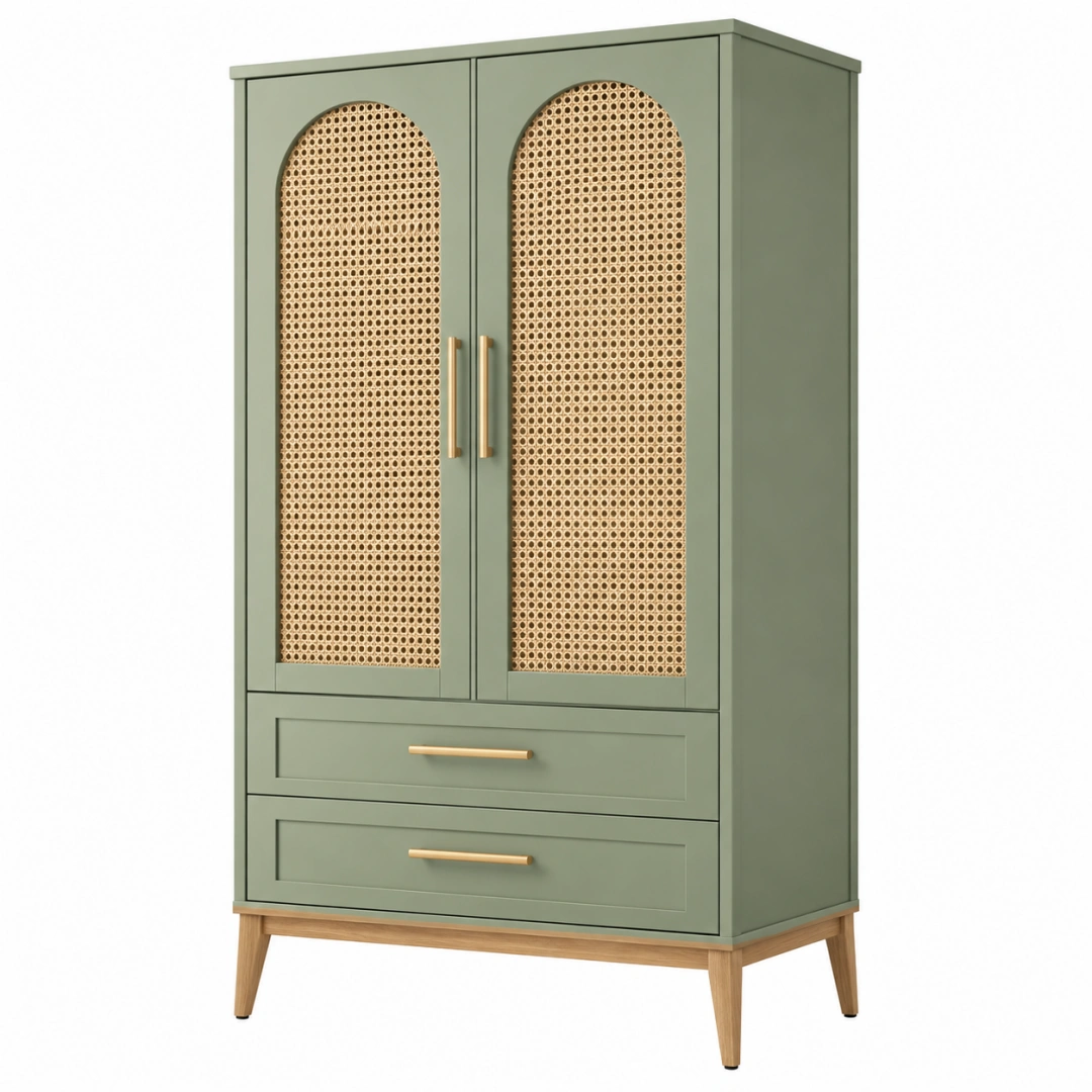 Armario 90 x 45 x 180 cm de madera verde con ratán estilo nórdico