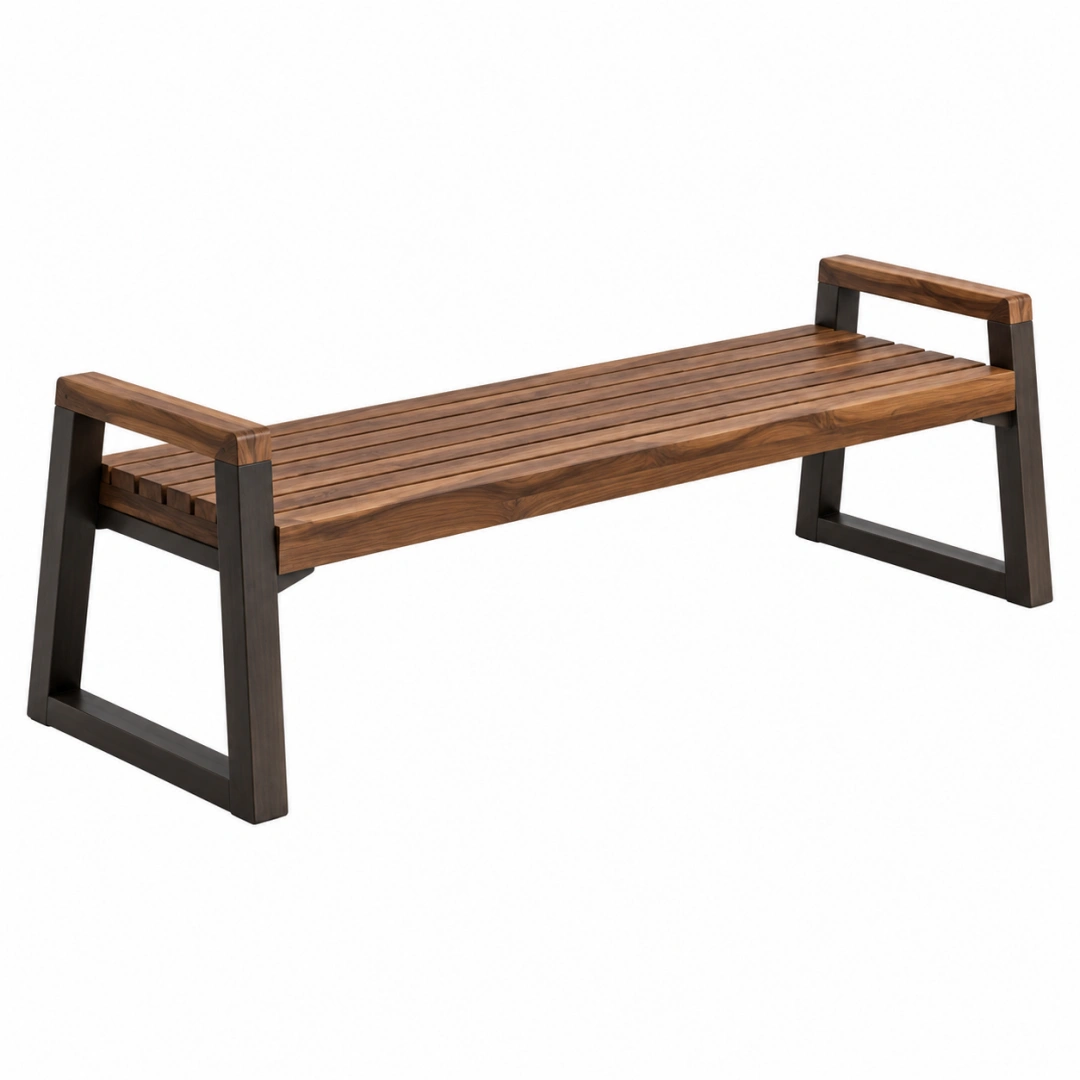 Banco de jardín 150 cm de madera y metal marrón negro con reposabrazos estilo moderno