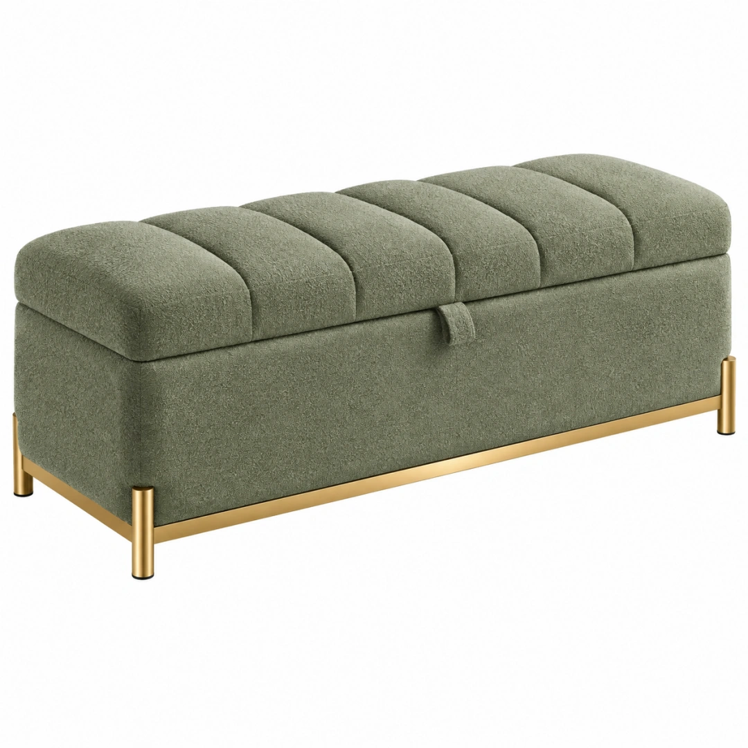 Banco arcón 120 x 45 x 50 cm tapizado textil verde con estructura metálica dorada de estilo moderno