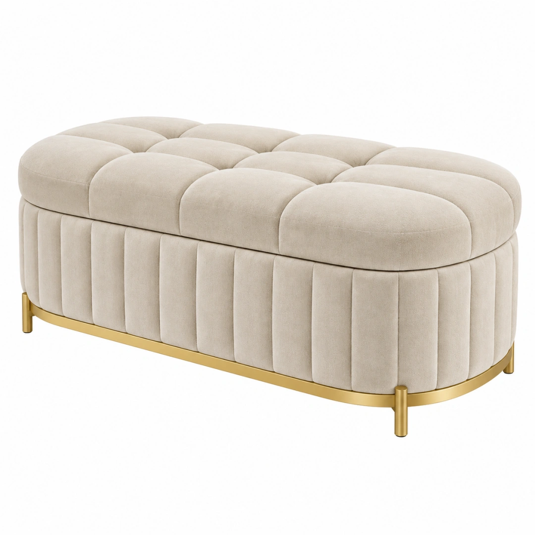 Banco otomano con almacenaje 120 cm beige tapizado de tacto aterciopelado con base dorada estilo glamuroso