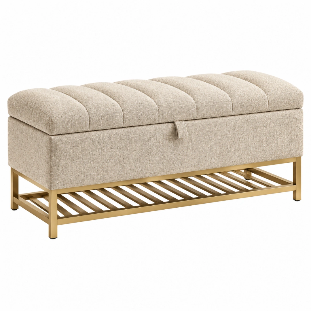 Banco de almacenaje 120 x 45 x 50 cm de tela beige y metal dorado con asiento acolchado