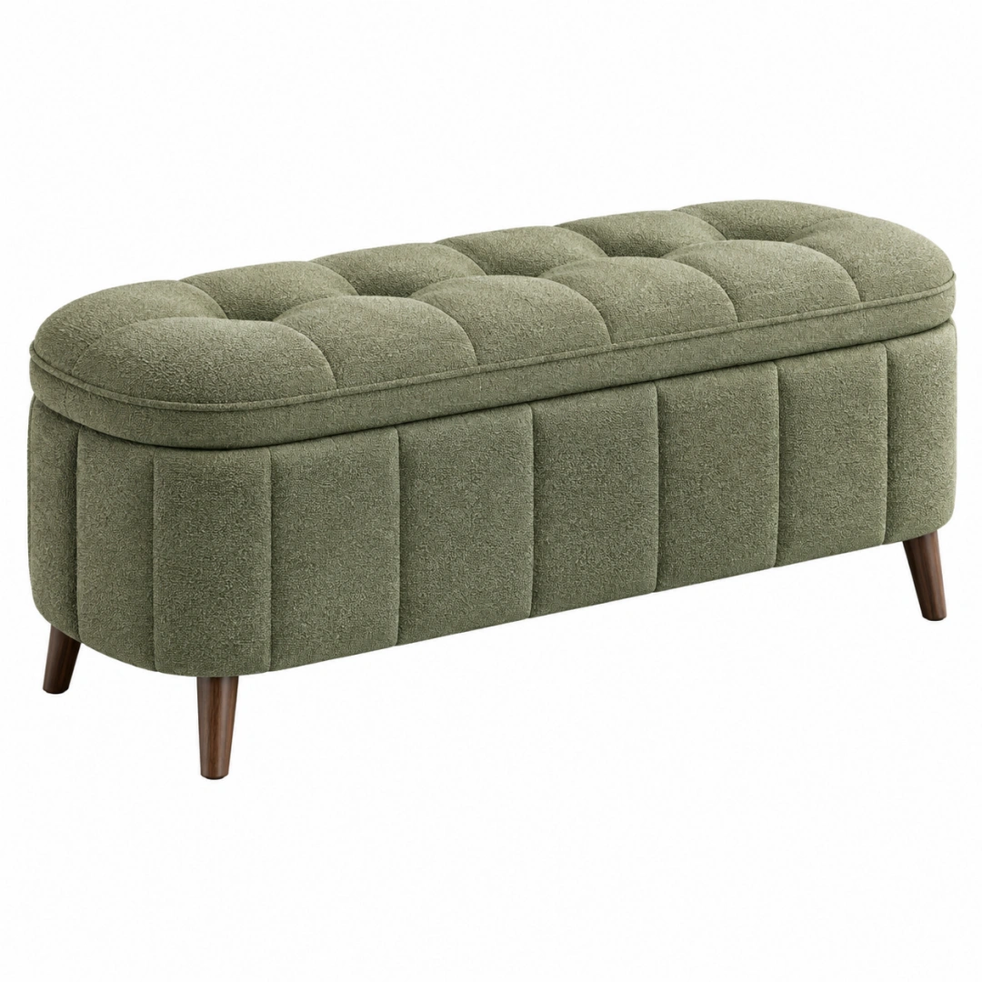 Banco otomana 120 x 45 x 48 cm de tela bouclé verde con patas de madera - asiento acolchado contemporáneo