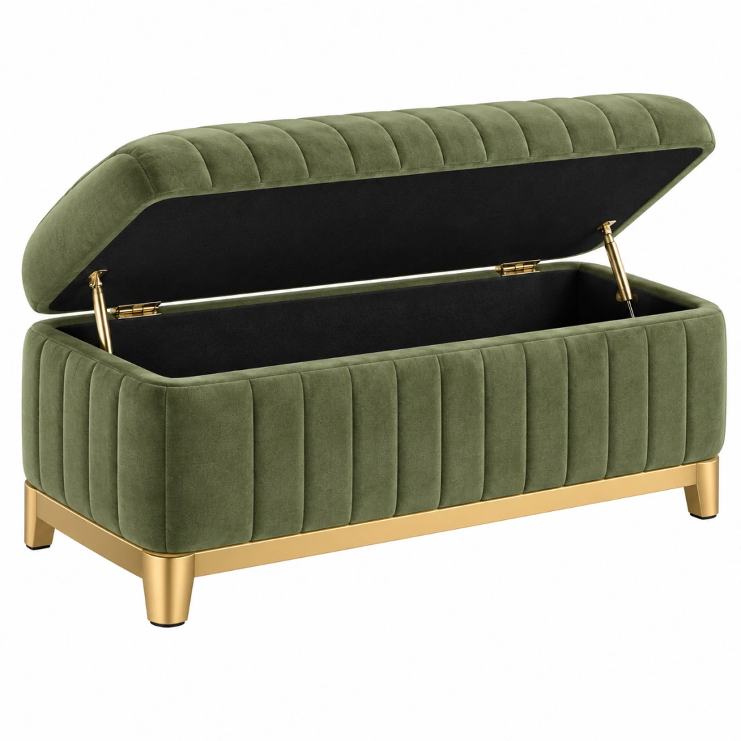 Banco de almacenaje 120 cm de terciopelo verde con patas metálicas doradas - estilo moderno