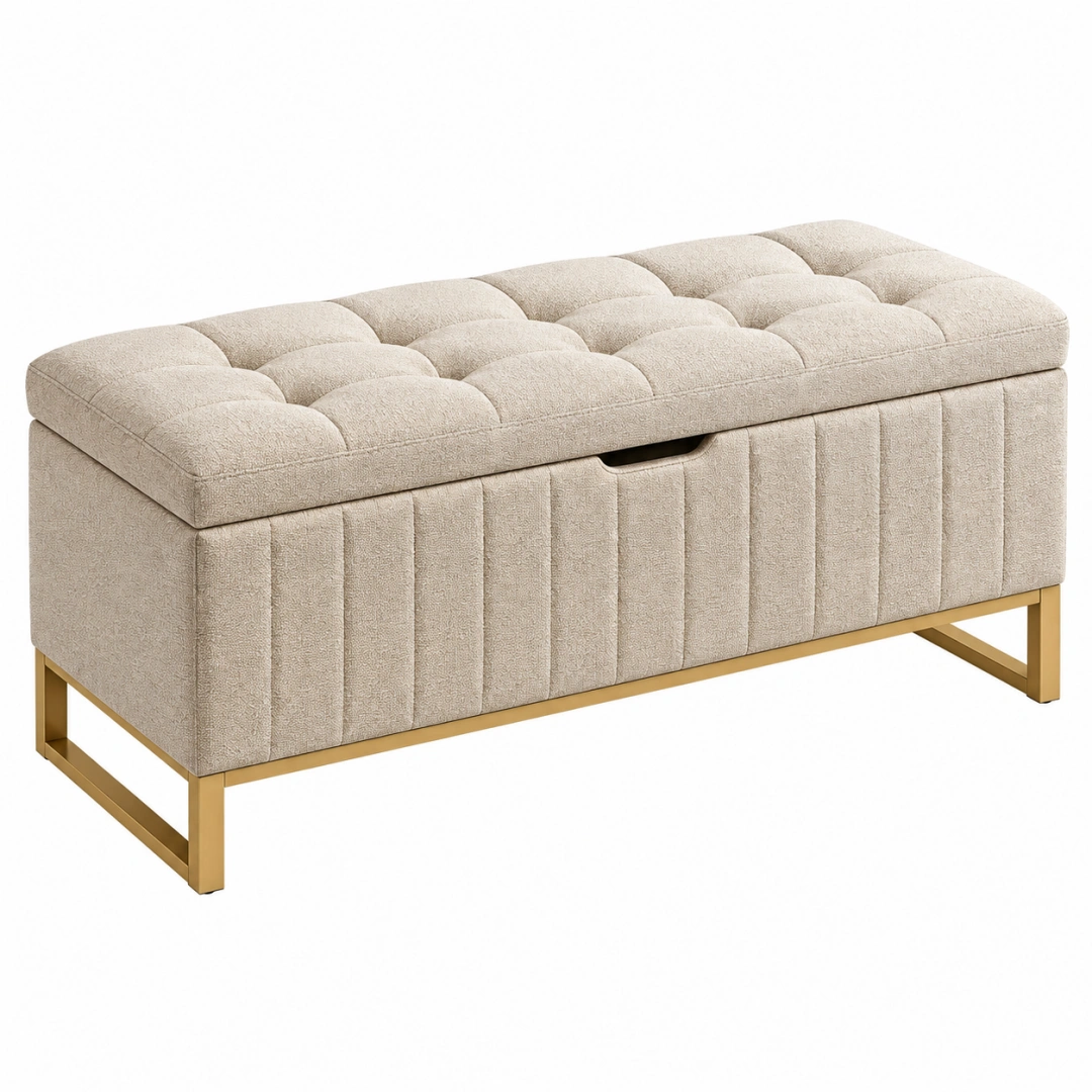 Banco de almacenaje 100 cm tapizado beige con patas metálicas doradas estilo moderno