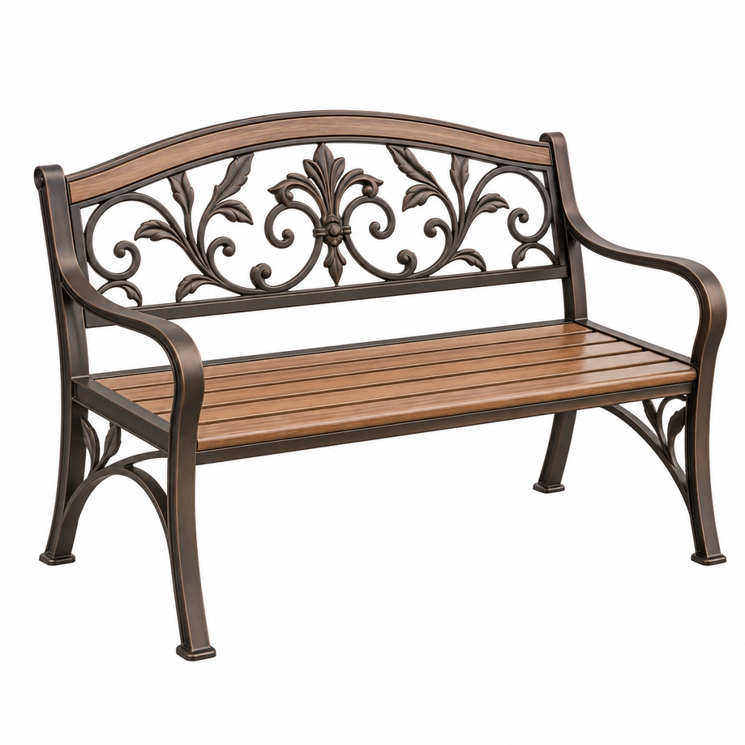 Banco de jardín 122 cm de metal marrón con asiento de lamas estilo clásico