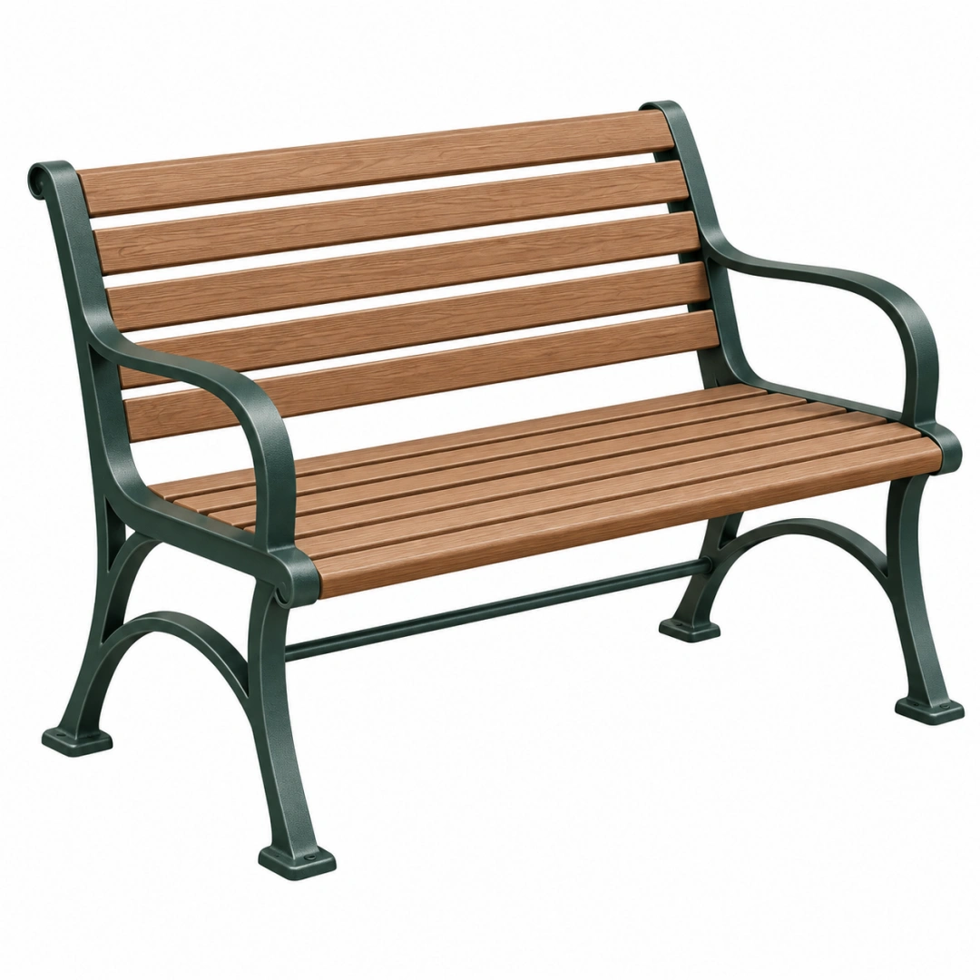 Banco de jardín 125 cm de madera marrón y metal verde con reposabrazos