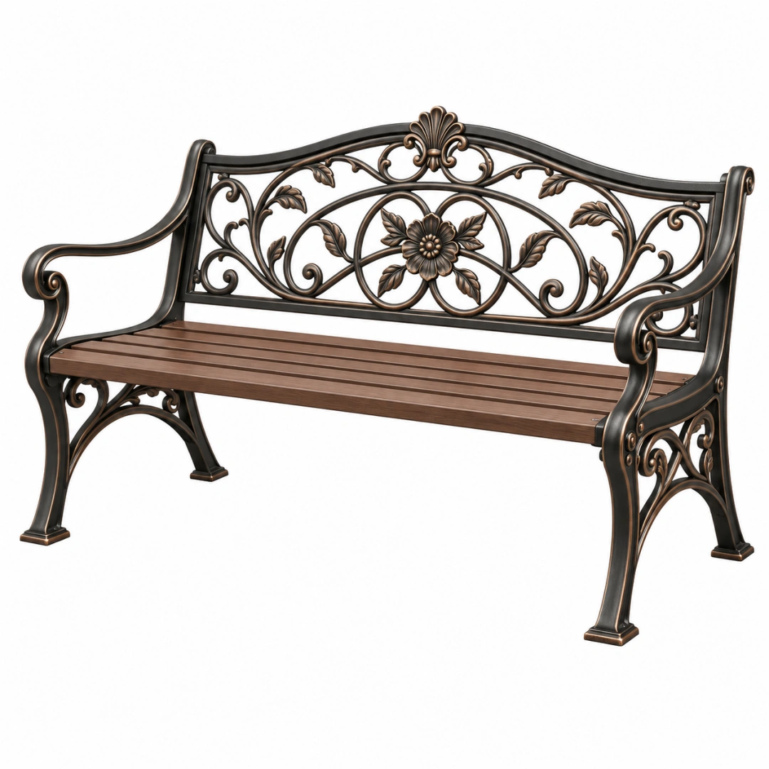 Banco de jardín 122 x 62 x 91 cm de metal y madera marrón negro ornamental