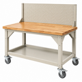 Banco de trabajo 122 x 61 x 155 cm de madera y metal beige con ruedas y panel perforado