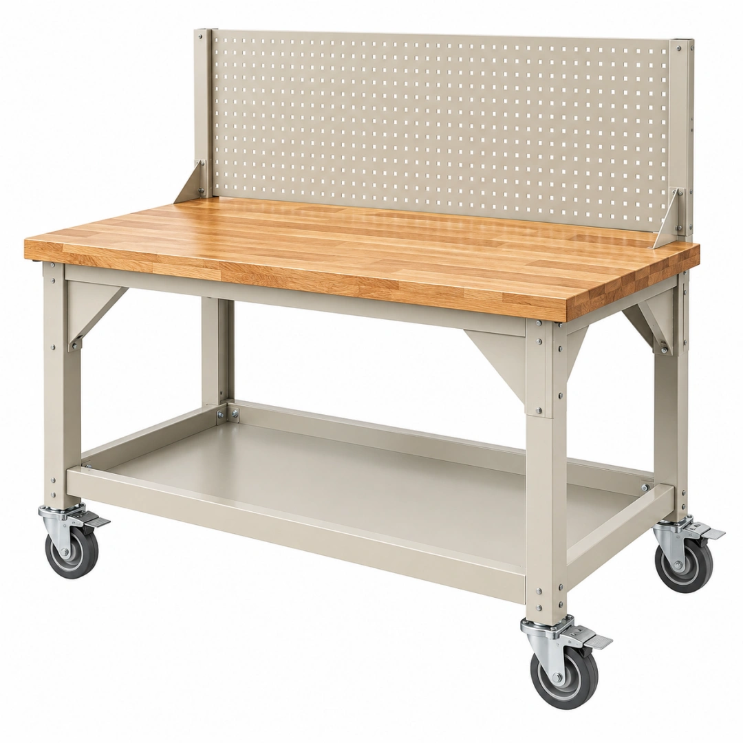 Banco de trabajo 122 x 61 x 155 cm de madera y metal beige con ruedas y panel perforado