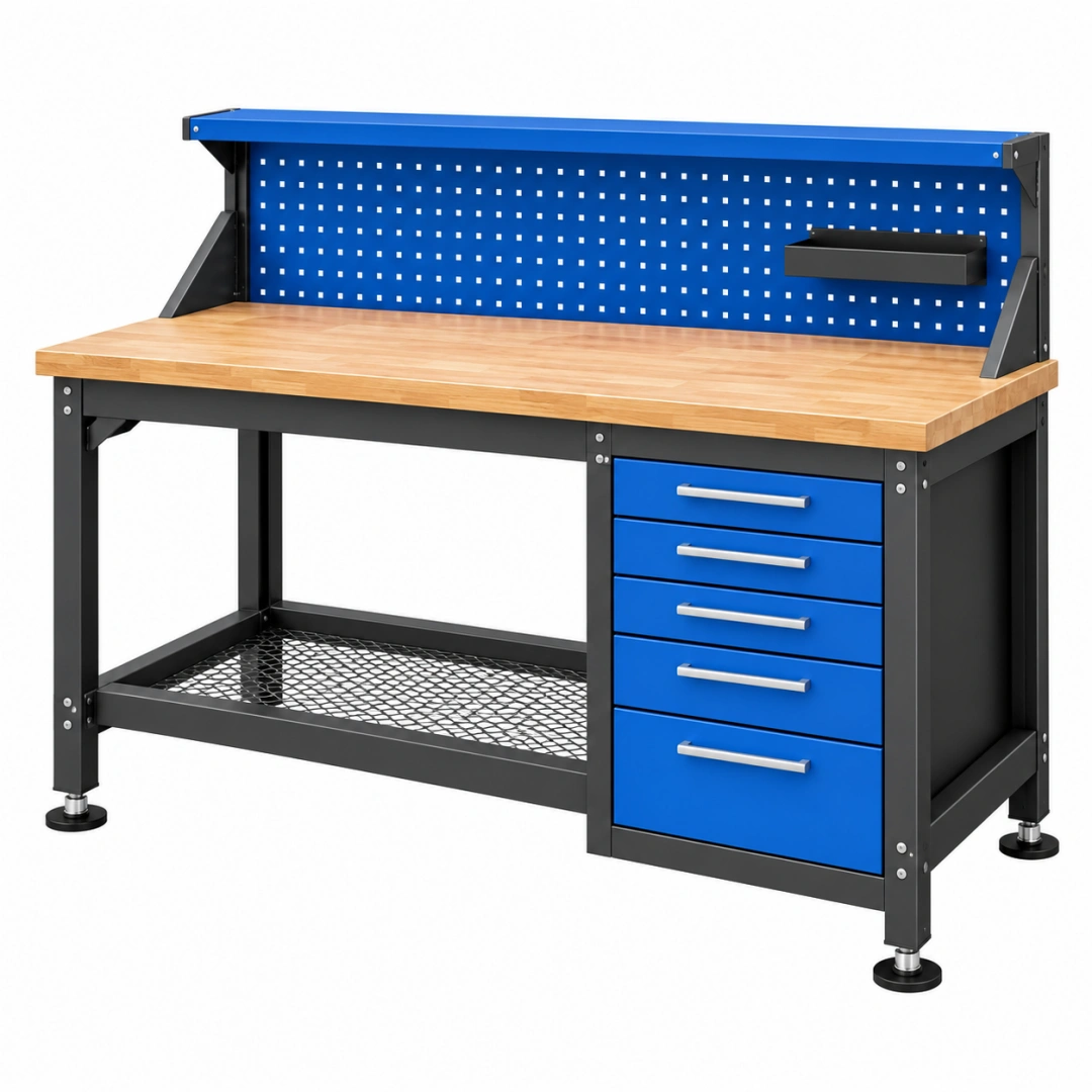 Banco de trabajo 120 x 60 x 150 cm de acero y madera azul y negro con cajones para taller