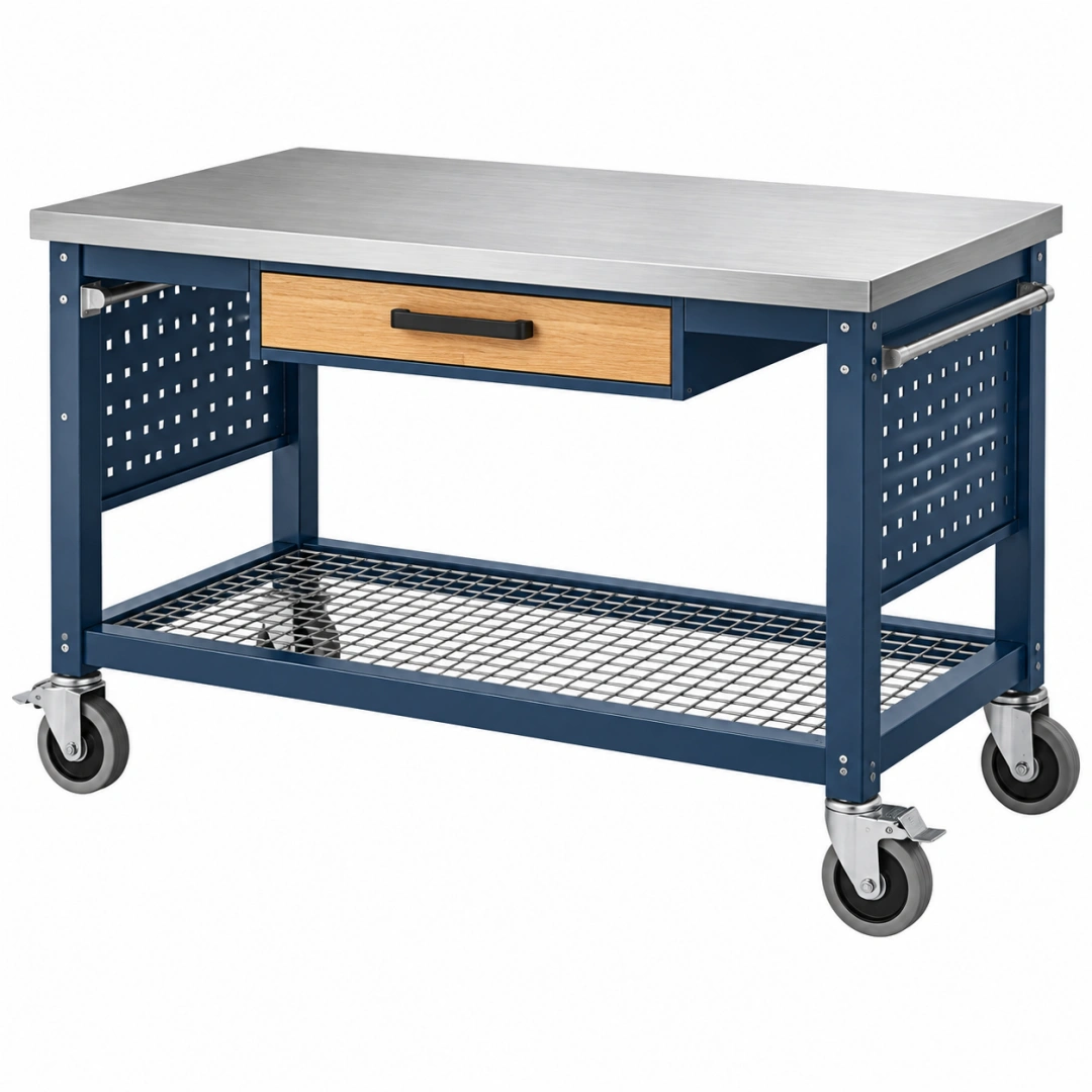 Carro de trabajo 107 x 61 x 91 cm de acero azul con encimera metálica y cajón industrial móvil