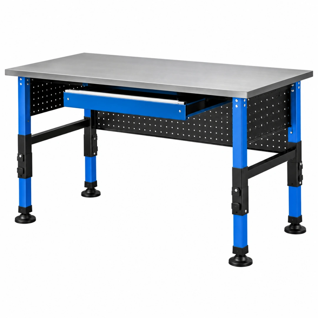 Banco de trabajo 120 x 60 x 84 cm de metal azul negro y plateado con cajón ajustable