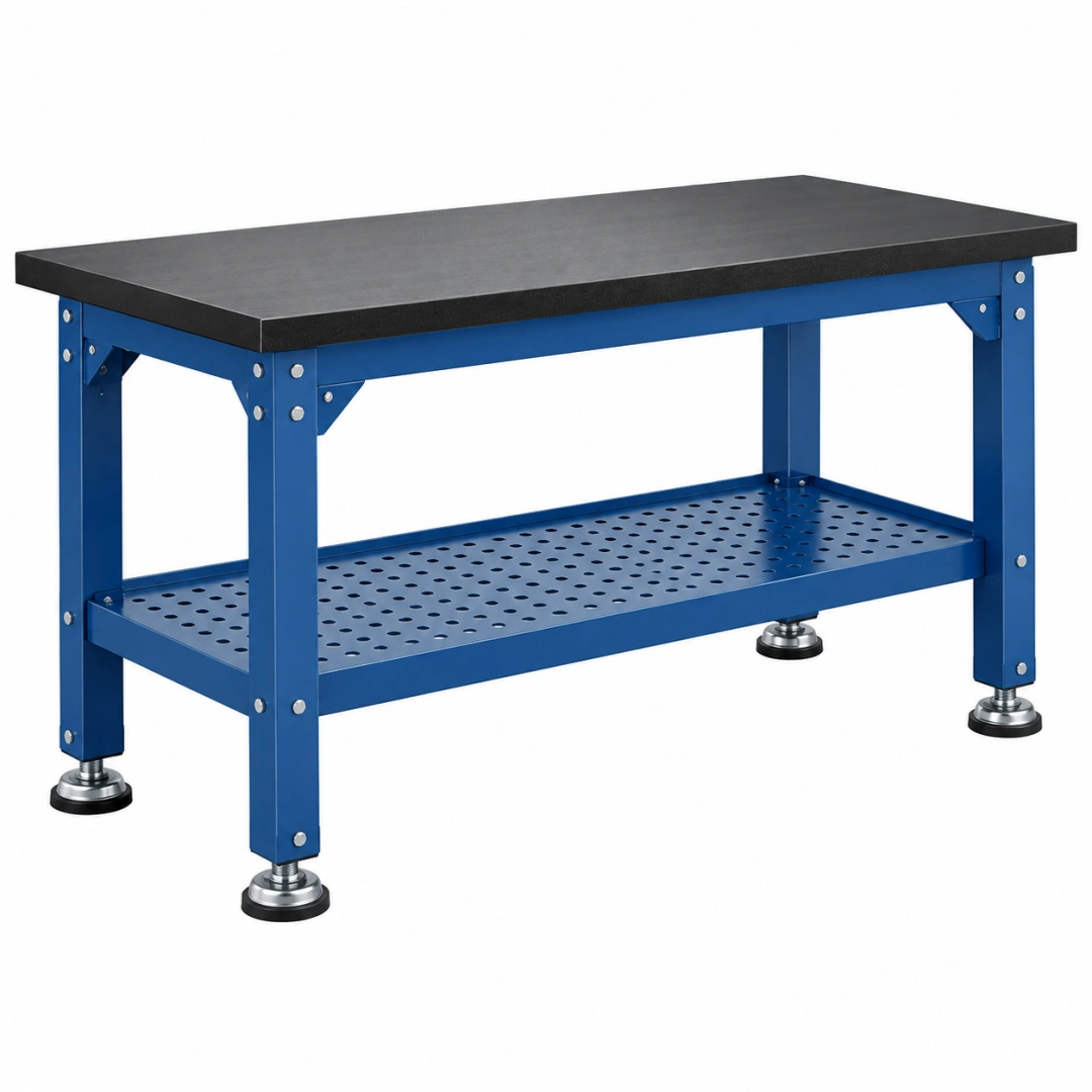 Banco de trabajo 120 x 60 x 85 cm de acero azul con encimera negra y estante perforado